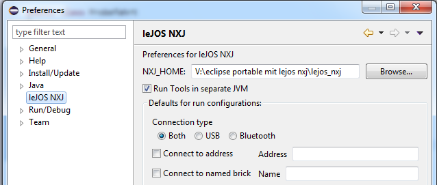 Screenshot: Eclipse leJOS-NXJ-Plugin: Preferences-Tab