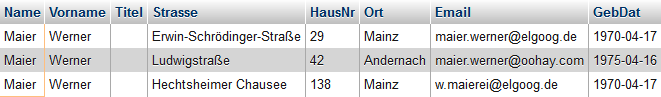 Ergebnistabelle bei der Suche nach Herrn Maier. Gezeigt werden drei Datensätze, zwei davon in Mainz.
